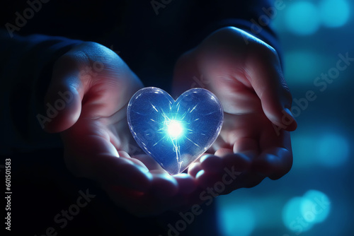 Heart with light in the hands  AI generative