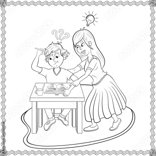 Una madre ayudándole a que su hijo a realizar la tarea de la escuela, ilustracion vectorial sin color.