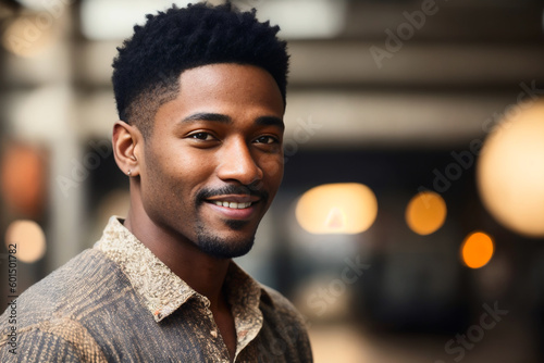 Portrait of the smiling an African American male factory worker in an orange vest and industry background. Generative AI