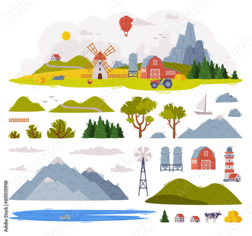 Rural Landscape Elements with Mountain, Field and Windmill Vector Set