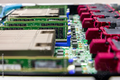 Inside view of hardware components in opened multiprocessor server system. Selective focus. photo