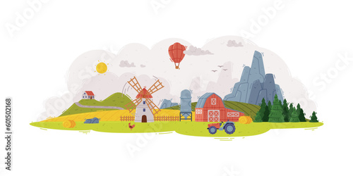Idyllic Rural Landscape Scene with Mountain, Field and Windmill with Barn Vector Illustration © topvectors