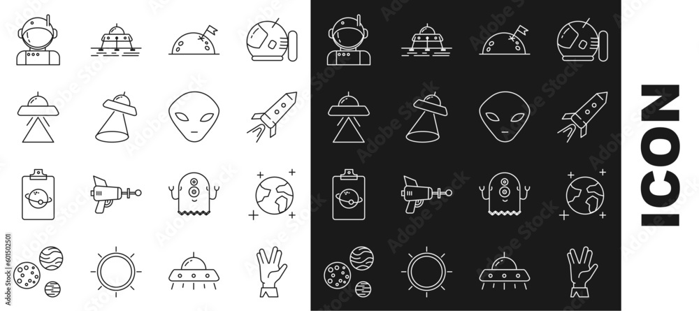 Set line Vulcan salute, Earth globe, Rocket ship with fire, Planet flag, UFO flying spaceship, Astronaut and Alien icon. Vector