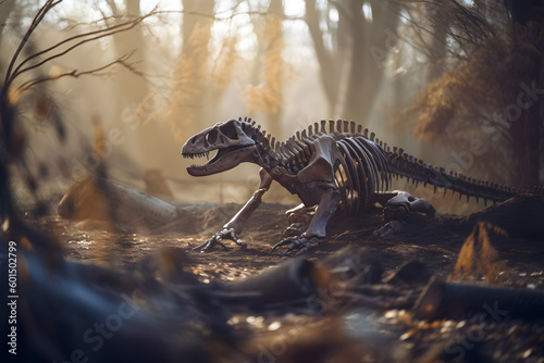 Bones remains of a dinosaur skeleton in an ancient untouched virgin forest. Generative AI. © aapsky