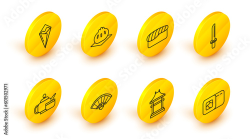 Set line Sushi, Japan Gate, Paper chinese or japanese folding fan, Japanese tea ceremony, katana, Khinkali cutting board and Temaki roll icon. Vector