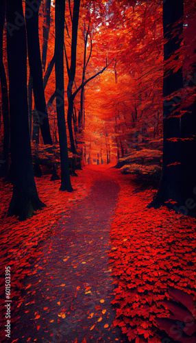 A Dense Forest In the Midst of Autumn With Vibrant Red AI Generative photo