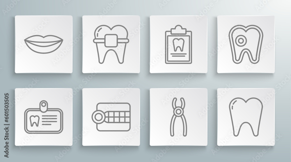 Set line Id card with tooth, Teeth braces, Dentures model, Dental pliers, Tooth, Clipboard dental, caries and Smiling lips icon. Vector Set line Id card with tooth, Teeth braces, Dentures model, Dental pliers, Tooth, Clipboard dental, caries and Smiling lips icon. Vector
