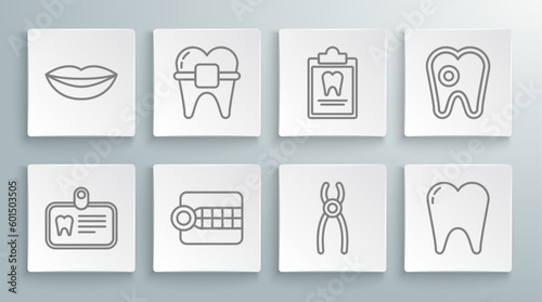 Set line Id card with tooth, Teeth braces, Dentures model, Dental pliers, Tooth, Clipboard dental, caries and Smiling lips icon. Vector