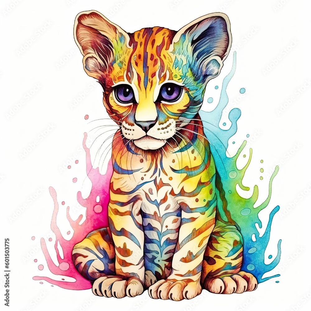 Fototapeta premium Baby Margay watercolor with ink outline on white background, high detailed (generative AI)