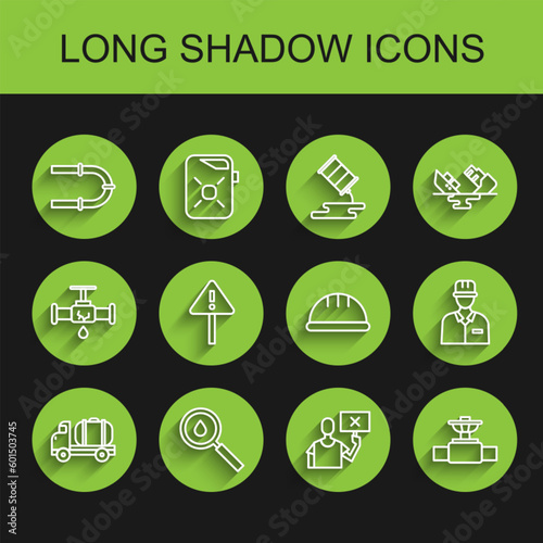 Set line Tanker truck, Oil drop, Industry pipe, Nature saving protest, and valve, Exclamation mark triangle, Oilman and Worker safety helmet icon. Vector