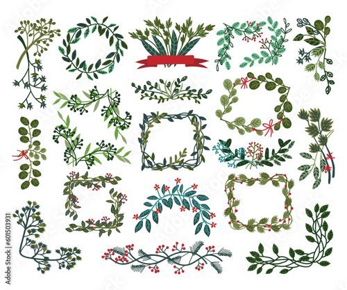 Collection of frames made of green leaves and berries. Invitation, greeting card, poster design element cartoon vector