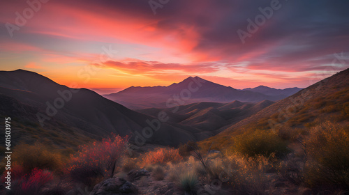 Vibrant Horizon: A Colorful Sunset Over a Mountain Range, generative AI