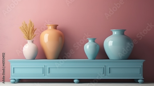 Colorful pottery on a shelf home decor. Generative Ai