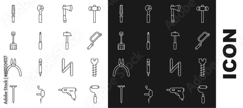 Set line Paint roller brush, Metallic screw, Hacksaw, Wooden axe, Screwdriver, Snow shovel, Chisel tool for wood and Hammer icon. Vector