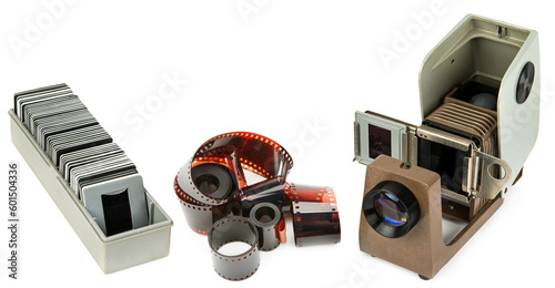 Overhead projector, slides and film isolated on white background.