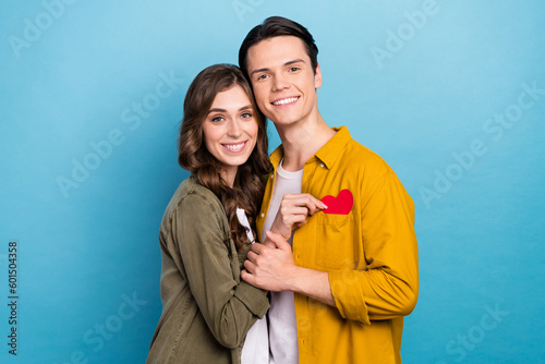 Portrait of two smile students valentine day postcard congratulate hugs together harmony love each other idyllic isolated on blue color background