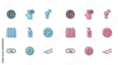 Set line Medical protective mask, Virus, Ebola virus disease, Bottle of liquid antibacterial soap, Blood test and and Hand with icon. Vector