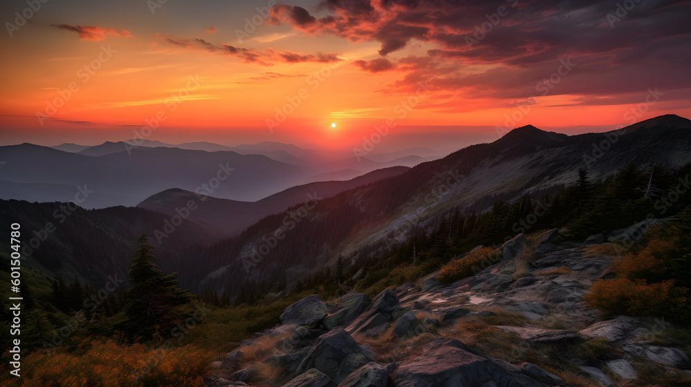 Vibrant Horizon: A Colorful Sunset Over a Mountain Range, generative AI