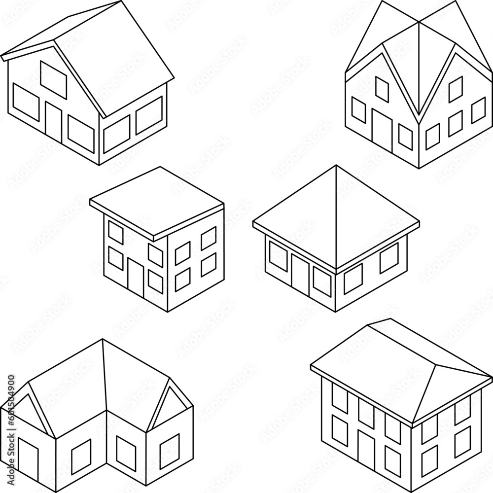 Isometric set of houses in outline. Houses with different roofs in isometric view. Isometric set of houses in outline. Houses with different roofs in isometric view.