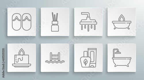 Set line Aroma candle, diffuser, Swimming pool with ladder, Ointment cream tube, Bathtub, Shower head, and Flip flops icon. Vector
