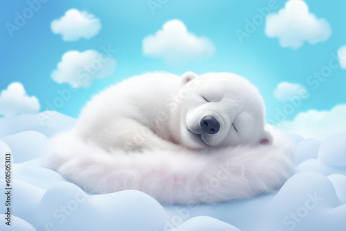 Lindo oso de peluche durmiendo sobre una nube de algodón, sobre fondo de cielo azul photo