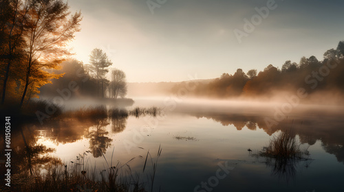 Misty Serenity: A Dense Fog Over a Tranquil Lake at Sunrise, generative AI