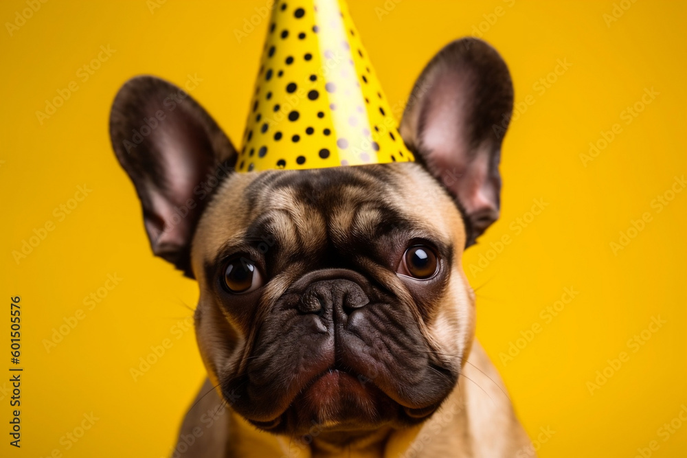Happy Bulldog pet with a happy face at funny happy birthday party wearing colourful hat on bright yellow background. Holidays and celebrations concept. Advertising postcards. Generative AI Technology