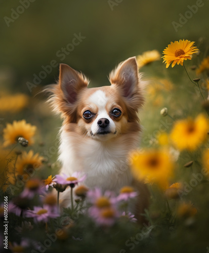 Portrait of chihuahua in flowers and grass. Animalistic photography, small breed, small dog. Generative AI
