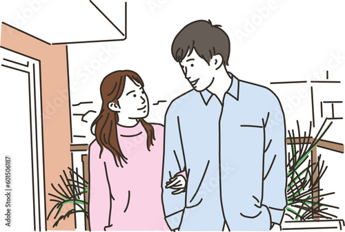 屋外で寄り添うアジア人の男女
