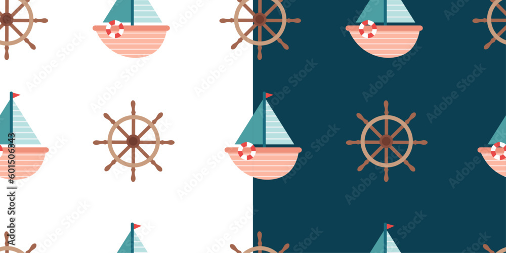 Cute pattern with a boat and steering wheel on a white and blue background Cute pattern with a boat and steering wheel on a white and blue background