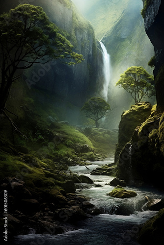 FOUNTAIN IN A JUNGLE WITH A SMALL FLOW OF WATER ILLUSTRATION