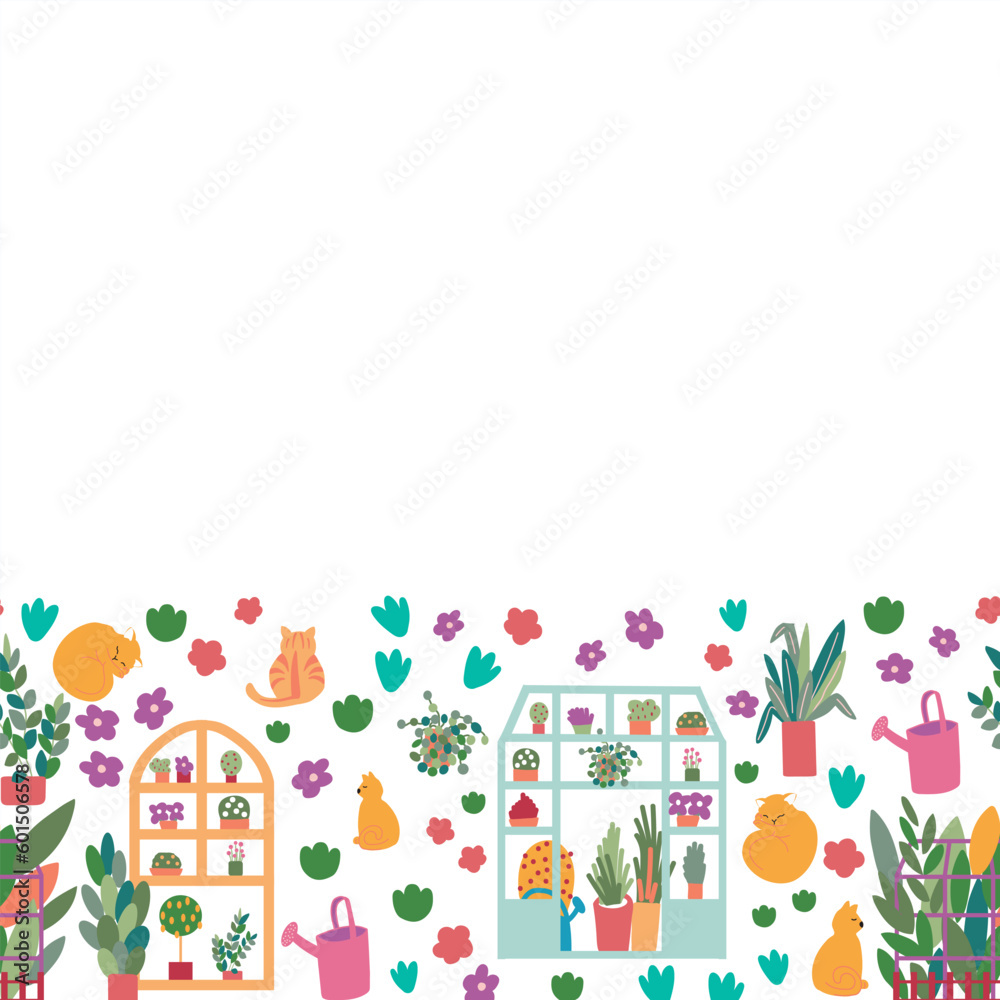 White horizontal border, Colorful Blooming greenhouse seamless vector pattern. Greenhouse with plants, flowers, and cats.