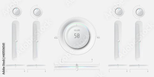 Modern audio UI user interface with volume buttons and sliders. Minimalistic neumorphism style. Audio mixer, sound equalizer, virtual synthesizer. Vector control panel elements.