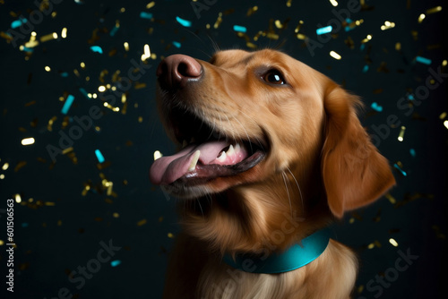 Pet birthday celebration. Happy golden retriever with falling confetti on deep teal studio background. AI generative