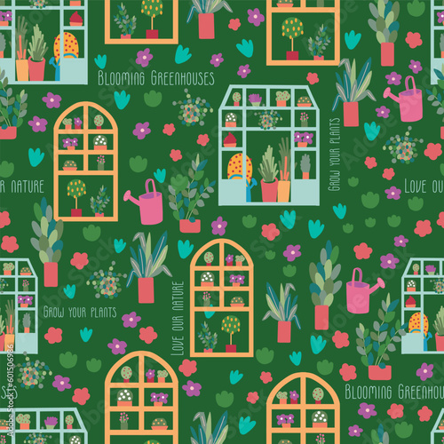 Green Colorful Blooming greenhouse seamless vector pattern with text. Greenhouse with plants, flowers, and trees.