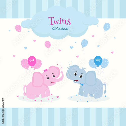 Happy birthday twins card with two elefants, balloons, hearts clouds for boy and girl, i'm here