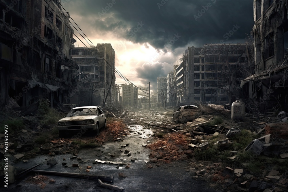 Destroyed city after the war with demolished houses, wrecked cars and debris (Generative AI, Generativ, KI) - obrazy, fototapety, plakaty 