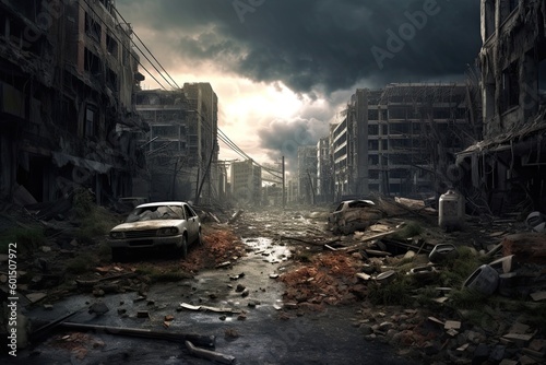 Destroyed city after the war with demolished houses, wrecked cars and debris (Generative AI, Generativ, KI) photo