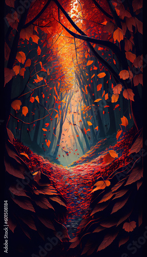 A Dense Forest In the Midst of Autumn With Vibrant Red AI Generative photo