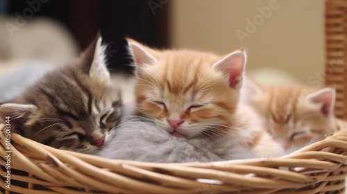 A bunch of cute baby cats sleeping in a basket , ai, ai generative, illustration © ME_Photography
