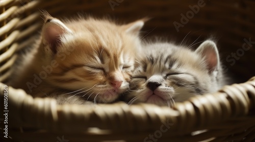 A 2 cute baby cats sleeping in a basket , ai, ai generative, illustration