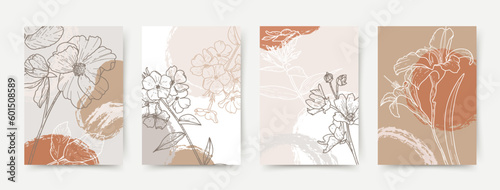 Set of trendy abstract botanical vector illustrations with linear flowers. Perfect for modern wall poster, interior design, print, home decor, cover, wallpaper, postcard