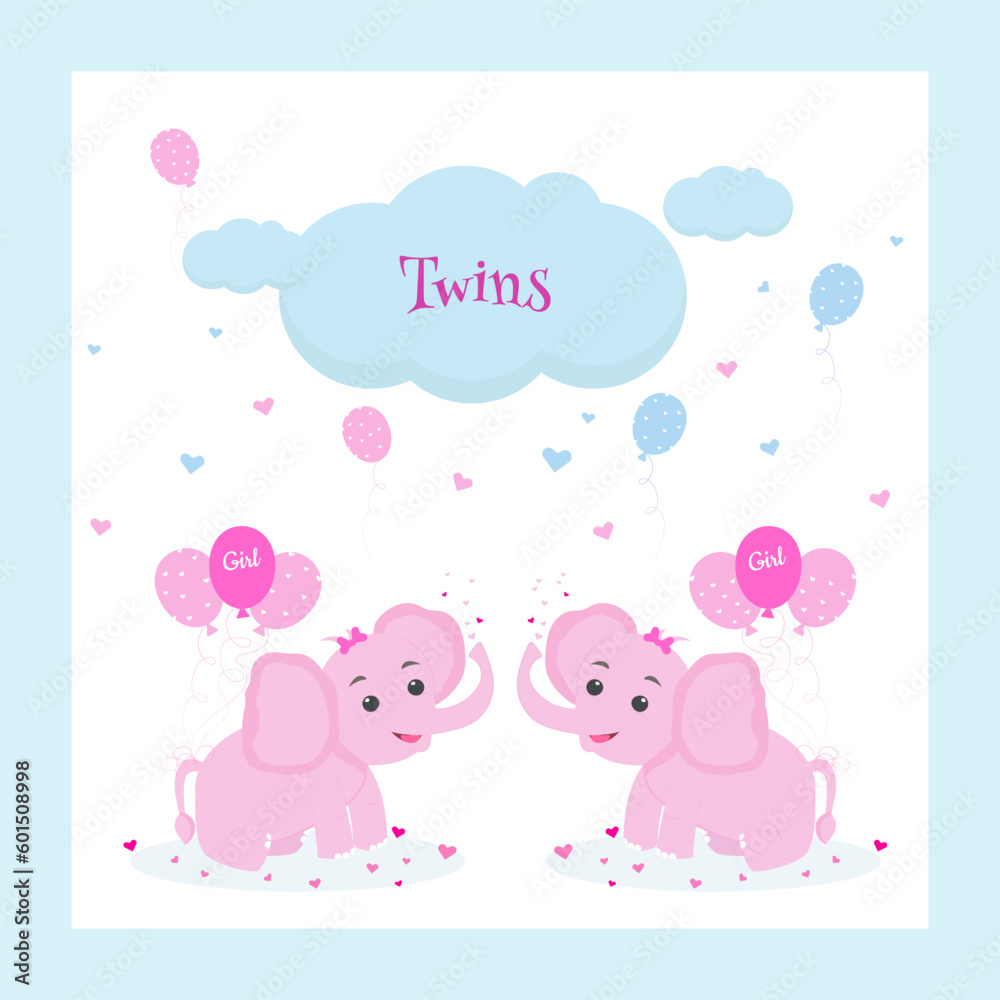 Happy birthday twins card with two elefants, balloons, hearts clouds for two girl
Happy birthday twins card with two elefants, balloons, hearts clouds for two girl