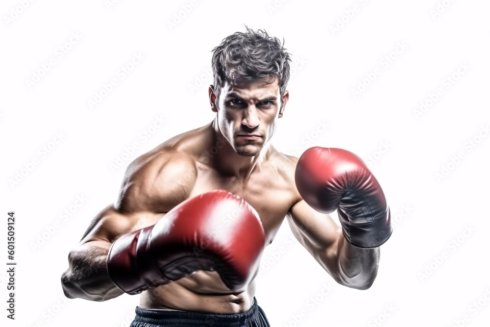 Sporty fit latin man during boxing exercise making hit. Boxer isolated on white background. Strength and motivation. Generative Ai.