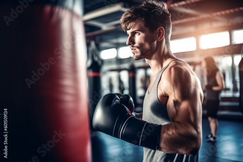 Profile view of a beautiful male boxer training next to a group of people in a gym. Generative Ai. © ckybe