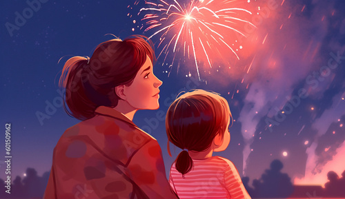 Happy Mother's Day Banner. a mother and child watching fireworks illustration.