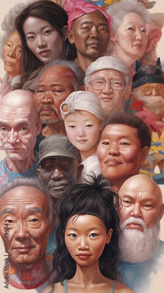 Collages of surreal caricatures of diverse genders, ethnicities and ages. Includes an Asian, a white person and a black woman. Generative AI Collages of surreal caricatures of diverse genders, ethnicities and ages. Includes an Asian, a white person and a black woman. Generative AI