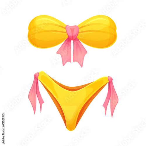 Women's swimsuit bikini in yellow color with pink tie. Cartoon style. Summer time symbol. Vector illustration isolated on white.