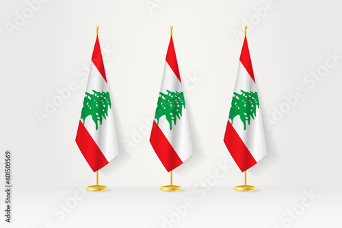 Three Lebanon flags in a row on a golden stand, illustration of press conference and other meetings.