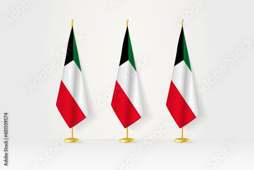 Three Kuwait flags in a row on a golden stand, illustration of press conference and other meetings.